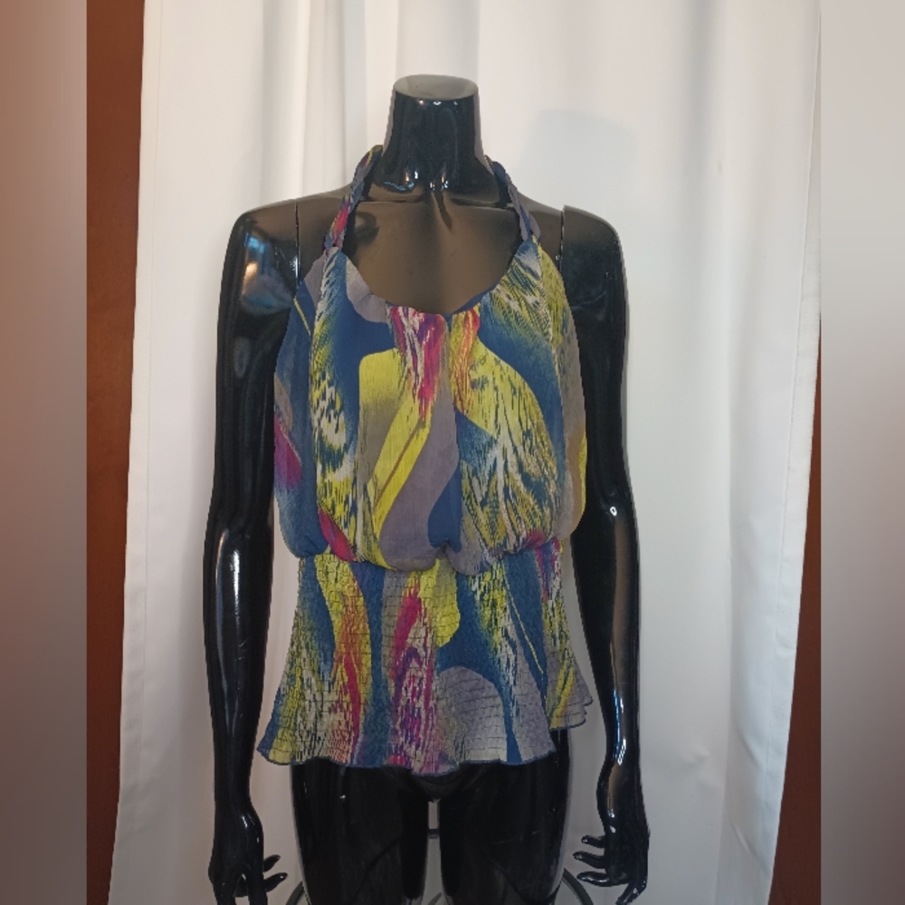Charlotte Russe Y2K Halter Top Large Chiffon Smocked Artsy Indie Festival Hippie